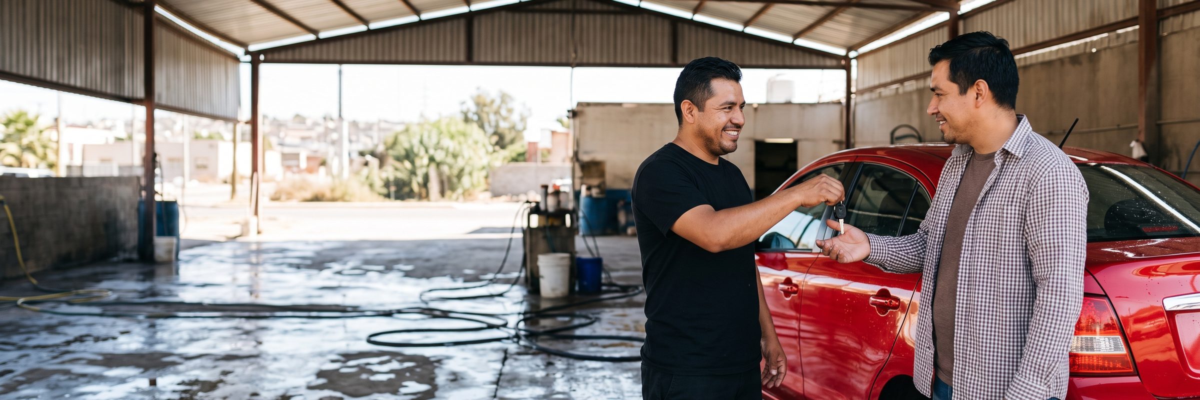 Entrega de llaves de un auto rojo recién lavado