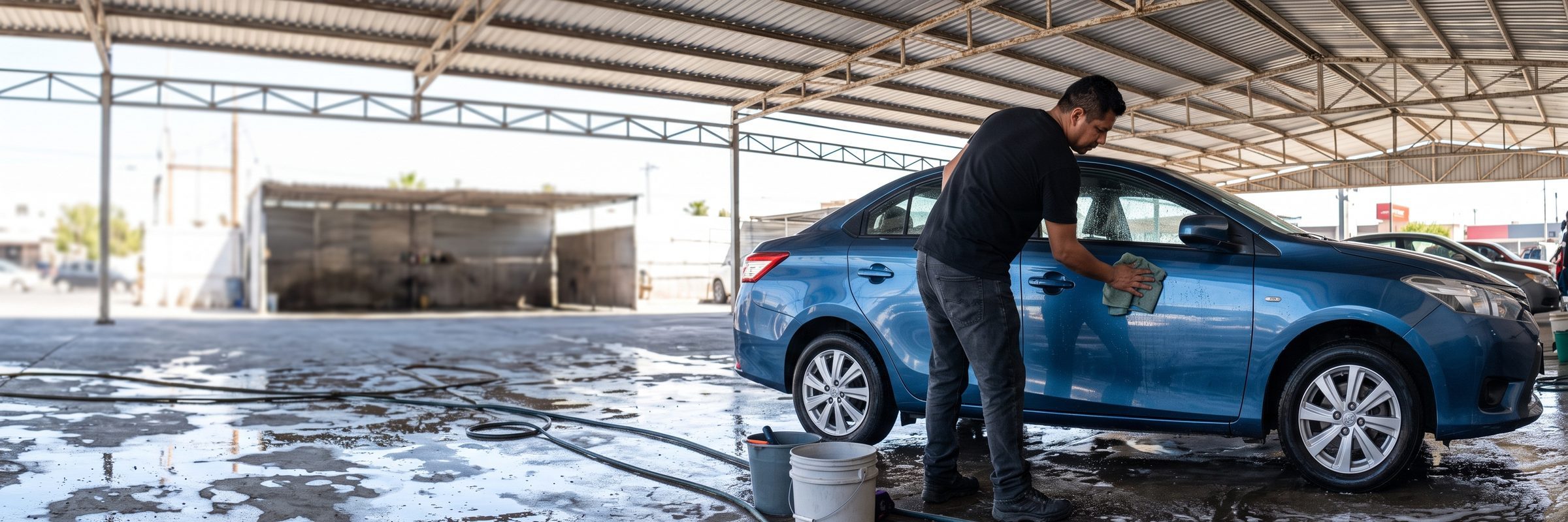 Hand drying a blue car