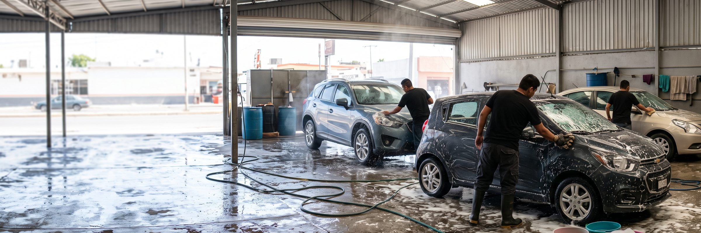 Three cars being hand washed at the same time